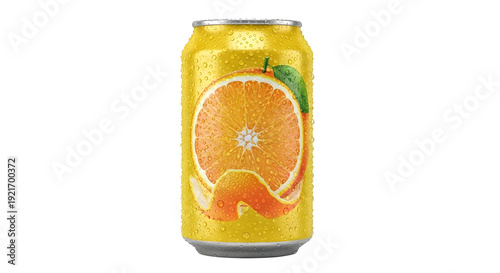 Refreshing orange flavored soda can with fruit design isolated on transparent background