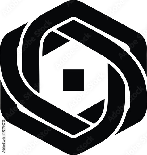 Geometric abstract logo vector illustration, hexagonal outline with interlocking curved shapes, central diamond square, and symmetrical triangular elements