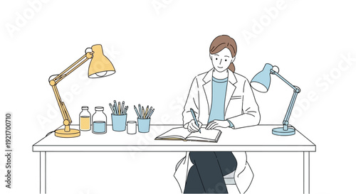 Scientist Working at Laboratory Desk with Equipment.