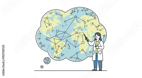 Scientist Examining Global Data in Thought Bubble.