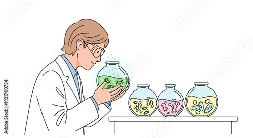Scientist Examining Microorganisms in Laboratory Flasks.