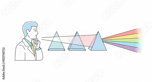 Man Observing Prism Refracting Light into Spectrum.