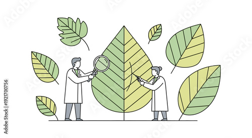 Scientists Examining Large Green Leaf Illustration.
