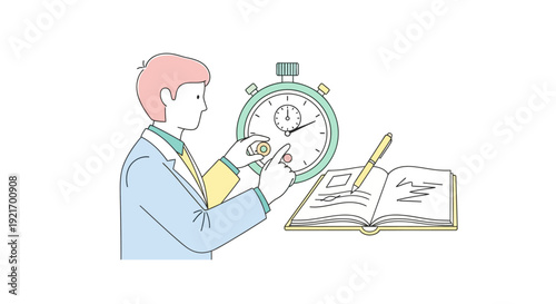 Man Holding Stopwatch Near Open Book.
