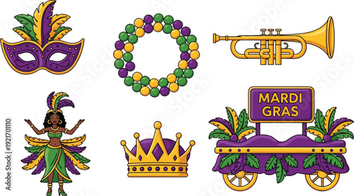 Set of Mardi Gras carnival icons featuring parade float masquerade mask with feathers golden crown trumpet beaded wreath and festive dancer isolated on white background
