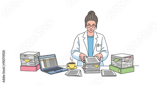 Female Scientist Organizing Research Papers and Files.