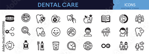 Set of dental care and oral health outline icons in black and white vector collection