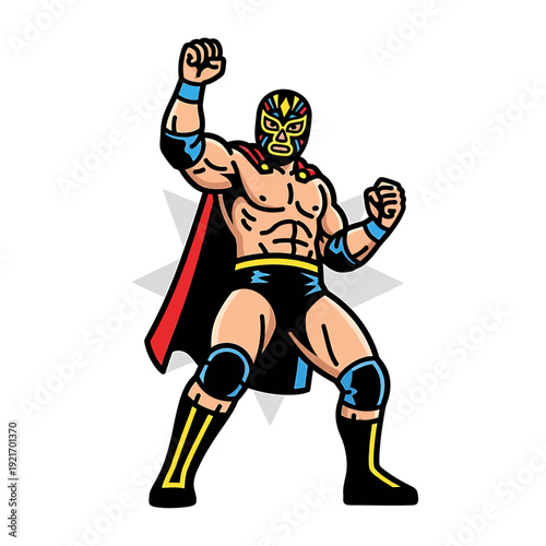 Wrestler in mask striking dynamic pose suitable for sports marketing, wrestling events promotion, and actionpacked graphic designs. Bold and captivating visual.