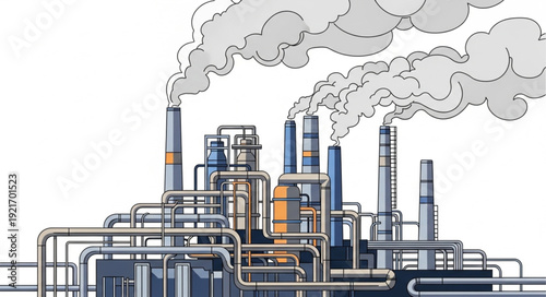 Industrial Factory with Smokestacks and Pipes.