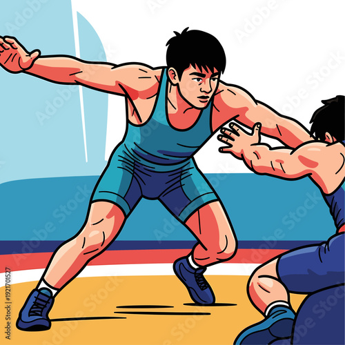 Two wrestlers in blue singlets facing off in an intense match. Suitable for sports websites, wrestling promotions, or physical fitness content.