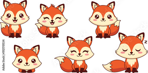 Cute Fox Expressions Vector Illustration Set with Kawaii Cartoon Animal Faces Emotions Stickers Kids Flat Design