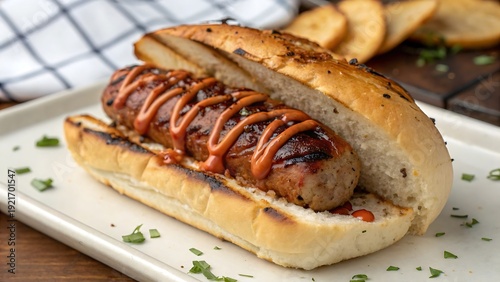 Grilled sausage in a bun with sauce on a white plate, close up
