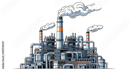 Industrial Factory with Smokestacks and Pipes.