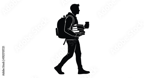 A student walks with books and a backpack depicted in a striking black silhouette high quality professional detailed modern elegant stylish