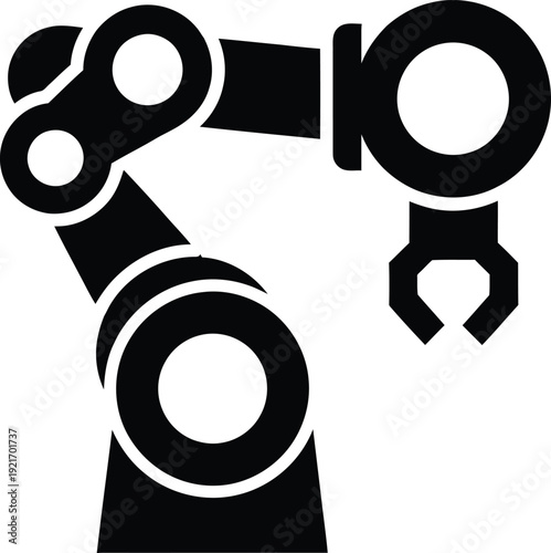 Minimalist black and white industrial robot arm vector icon