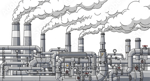 Industrial Factory with Smokestacks and Pipes.