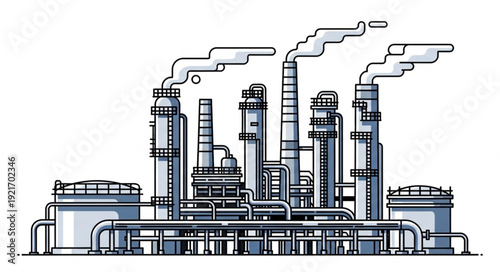 Industrial Factory with Smokestacks and Pipes.