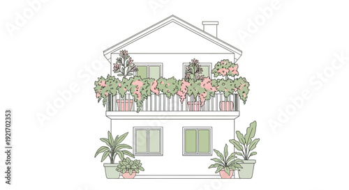 Simple House with Balcony and Plants.
