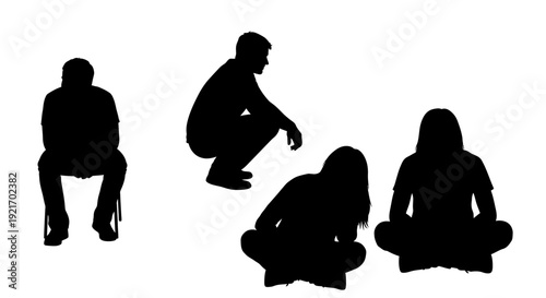 Silhouettes of people sitting and crouching in various poses.