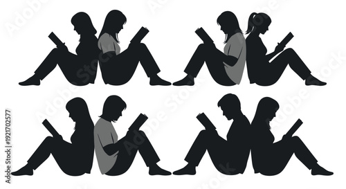 Silhouette of couples sitting together using mobile phones.