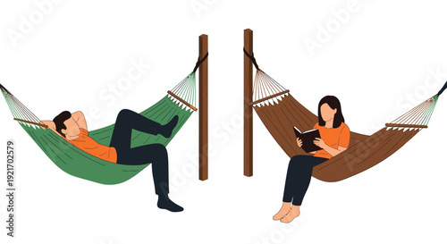 Man and woman relaxing in hammocks with laptops.