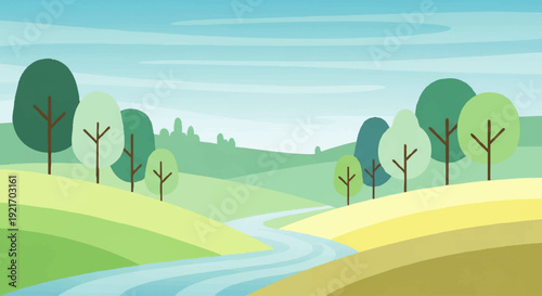 Trees on rolling green hills landscape.