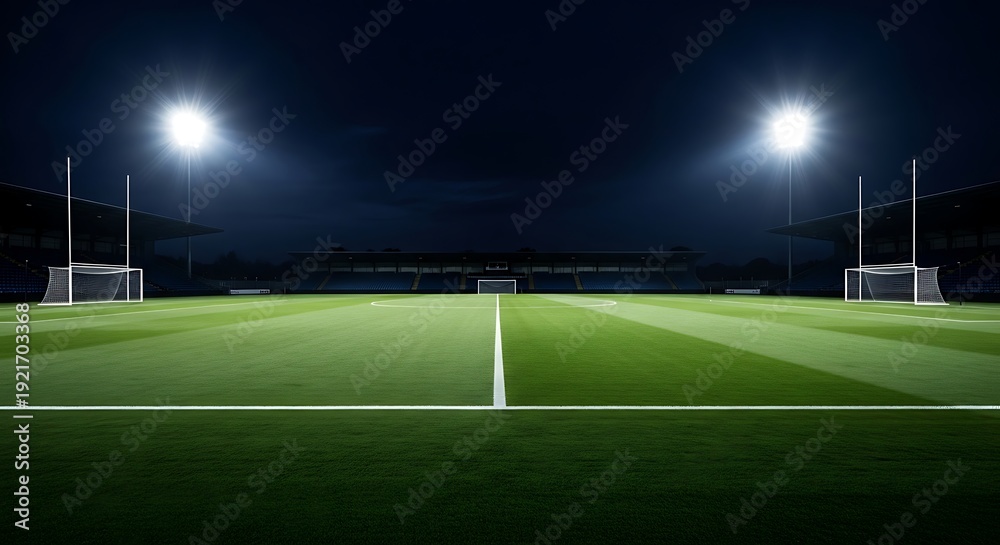 Fototapeta premium A welllit soccer field at night with green grass and white lines under bright stadium lights