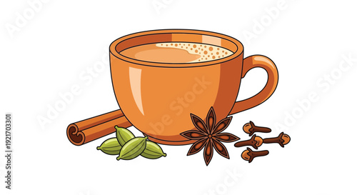A vibrant illustration depicts a full orange mug with spices including cinnamon and star anise silhouette high quality professional detailed modern