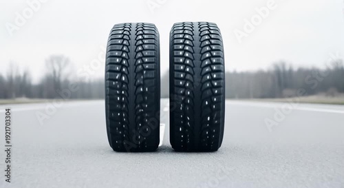 Two Winter Tires With Studs on a Road, Close Up Shot