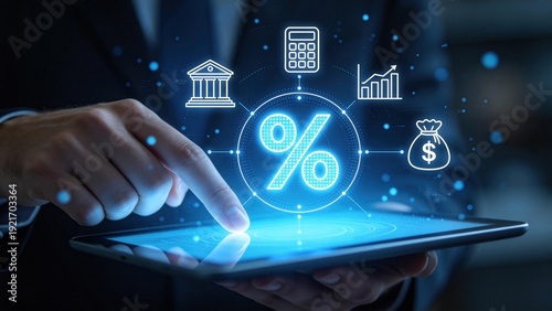 Wallpaper Mural Businessman using digital tablet with glowing percentage icon,financial interest rate concept with banking symbols and growth chart interface in futuristic blue technology environment Torontodigital.ca