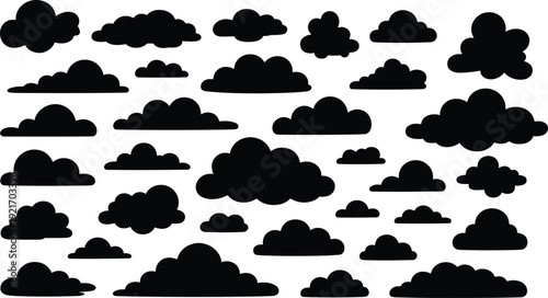 Cloud silhouette collection, diverse sky shapes, weather icons, abstract vector clouds, stylized outline illustration, atmospheric design elements, nature graphic set
