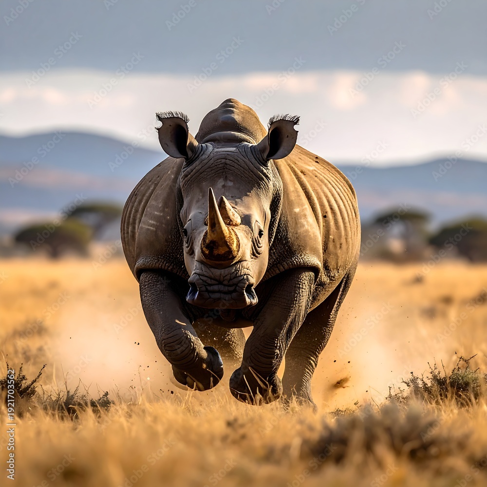 Fototapeta premium Charging rhino, front view, dust cloud, grassy plain, hills, hazy sky