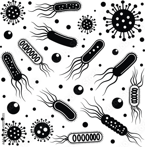 Microscopic bacteria and virus pattern vector illustration in black and white