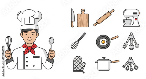 Chef holding kitchen utensils with cooking equipment illustration.
