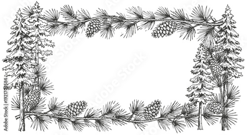 Christmas Pine Branch Border with Pine Cones and Trees.