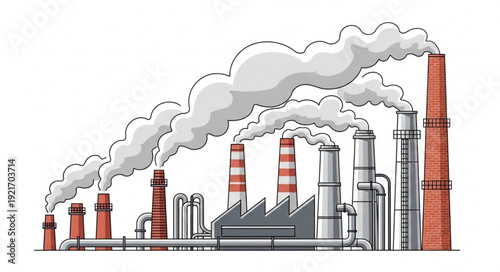 Industrial Factory with Smokestacks Emitting Pollution.