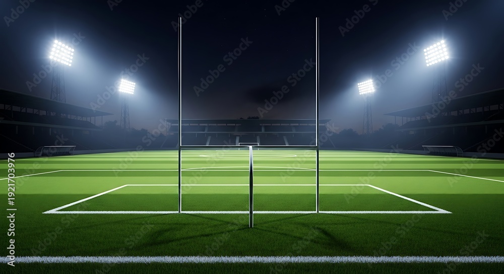 Fototapeta premium Rugby stadium at night with green field and goalposts under bright lights
