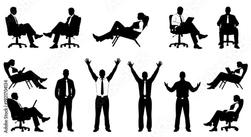 Collection of businesspeople silhouettes in various office chair poses.