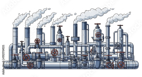 Industrial Factory with Smokestacks and Pipes.