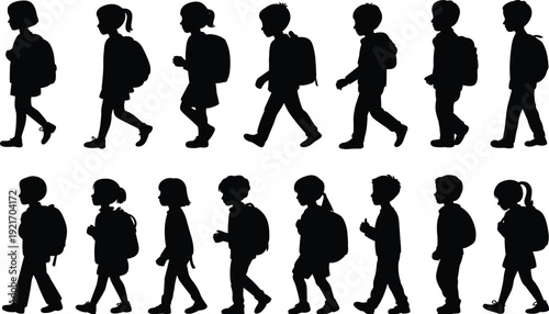 Children silhouettes, walking kids, school backpacks, student figures, child motion, vector icons, stride posture, standing pose, black silhouettes, design elements
