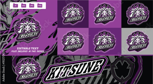 Modern kitsune e-sports sports mascot logo design template with fox spirit multi nine tails and glowing purple eyes editable badge, emblem. Vector illustration.ai file 