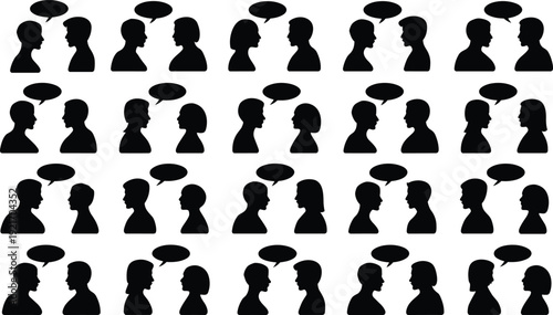 Communication, silhouette, people, dialogue, conversation, speech, bubble, interaction, talking, discussion, language, learning, social, 