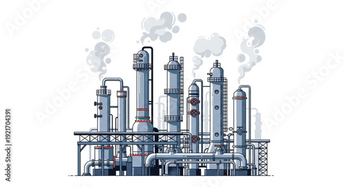 Industrial Factory with Smokestacks and Towers.