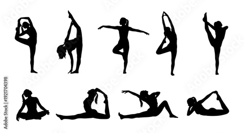 Silhouettes of people practicing various yoga poses.