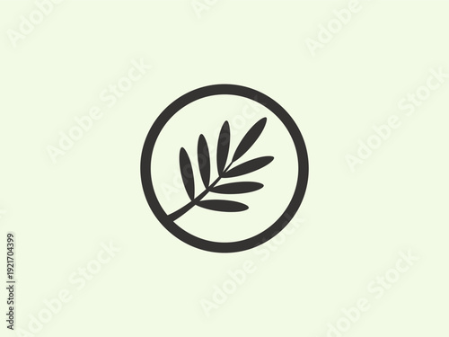 Stylized black leaf branch icon in a circle on a light green background. Minimalist plant logo representing nature, ecology, and organic concepts.