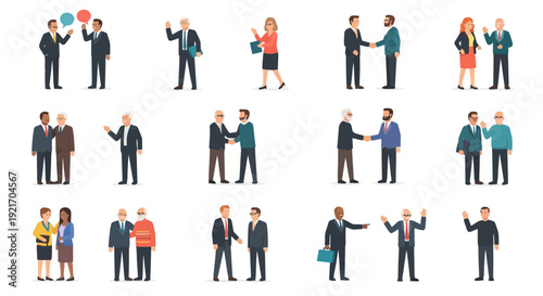 Business people shaking hands and conversing in a professional setting.