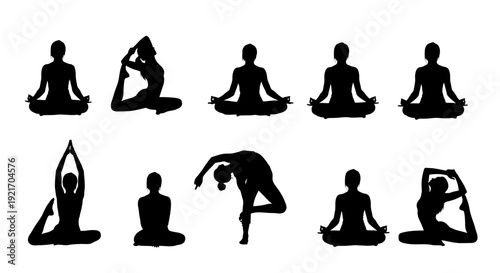 Collection of silhouettes depicting various yoga poses and meditation.
