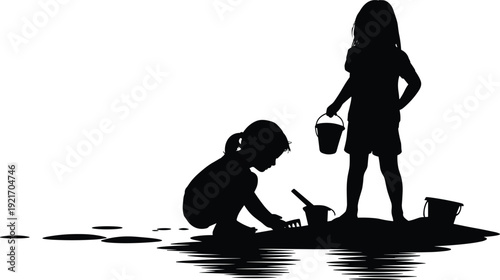 Children silhouettes, playing at beach, water edge, bucket and shovel, outdoor activity, family vacation, childhood fun, summer holiday, black artwork illustration