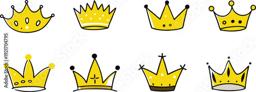 whimsical hand drawn yellow gold royal crown icons set