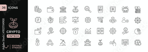 Modern Fintech & Cryptocurrency Line Icons Set – Digital Banking, Blockchain, Investment, DAO, Analytics Bold Outline Vector Pack